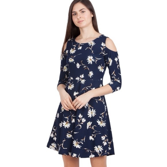 Zink London Women dark Navy Blue Printed flower pattern Fit & Flare Dress XL - Picture 1 of 17